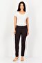 Women Cigarette Fit Birdseye Pattern Straight Leg Pants, Dark Brown - 2