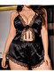 Black Lace Detailed Satin 2-Piece Front Tie-Up Plus Size Nightgown Set – 2XL / 3XL - 2