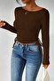 Coffee Boat Neck Long Sleeve Side Gathered Blouse,Boat Neck Dark Brown Corded Fabric Long Sleeve Crop Blouse - 5