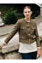 Khaki Crew Neck Textured Women's Tweed Jacket - 2
