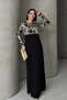 Black Gold Patterned Long Sleeve Stylish Maxi Evening Dress - 3