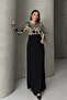 Black Gold Patterned Long Sleeve Stylish Maxi Evening Dress - 2