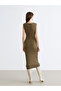 Khaki Crew Neck Gathered Dress - 4