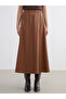 Lcw modest brown elastic waist Leather-Look flare skirt - 2