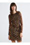 Crew Neck Leopard Print Shirred Mini Dress