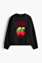سويت شيرت نسائي أسود من Fresh Raspberry مطبوع بدون قلنسوة قصة مريحة