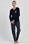 Women's Plus Size Navy Blue Long Sleeve V-Neck Patterned Pajama Set C1T7N1305