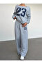 Women's Gray Boat Neck Ribbed Printed 23 Sweatshirt - Gray Loose Fit Comfortable Tracksuit Set - 2