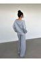 Women's Gray Boat Neck Ribbed Printed 23 Sweatshirt - Gray Loose Fit Comfortable Tracksuit Set - 4