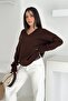 Women's Brown V-Neck Standard Size Oversize Basic Knitwear Sweater - 6