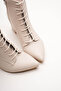 Women's Lace-Up Zippered Pointed Toe Thick Heeled Boots Vorena Beige Skin - 4