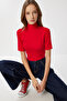 Mock Neck Crop Corded Fabric Knitted Blouse Lub0295 Red