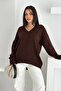 Women's Brown V-Neck Standard Size Oversize Basic Knitwear Sweater - 3
