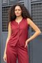 Women's Suede Textured Fabric Wide Crew Neck Flato Pocket Vest-Burgundy - 3