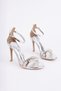 Women's Heeled Evening Dress Sandals Stone Detailed Ankle Buckle Shiny Thin Heel 11 cm Elegant Stylish Design