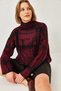Collarless Jacquard Knitwear Gray Colored Long Sleeve Sweater - 3