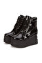 Wedge Heel Women's Black Patent Leather Boots Lace-Up High Sole - 3