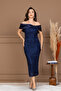 Sequin Satin Boat Neck Pencil Long Dress - Dark Blue