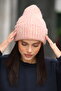 Women's Pink Soft Textured Ribbed Knitted Winter Beanie Hat - 4