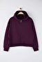 Mor Regular Fit Dökümlü Kumaş Önü Fermuarlı Büyük Beden Sweatshirt TBBAW26AO00031 - 5