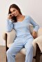 Bebe Mavisi Pamuklu Dantelli ve Kurdele/Fiyonk Detaylı Fitilli Örme Pijama Takımı THMAW25PT00044 - 2