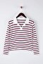 Bordo Polo Yaka Çizgili Crop Boy Örme Büyük Beden Bluz TBBAW26AF00109 - 5