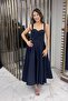 Women's Strappy Back Drawstring Corset Satin Flared Midi Dress Slim Fit