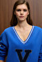 Divine Women's V-Neck Blue Sweatshirt with Embroidery and Patch Detail - 2