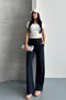 Women's Navy Blue Two Thread Elastic Waist Loose Wide Leg Sweatpants