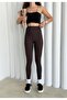 Women's Brown Fleece-Lined High-Waisted Slimming Stretchy Plain Ribbed Winter Leggings - 2