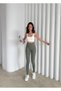 Women's Khaki Color Fleece-Lined High-Waisted Ribbed Shaping Elastic Waist Ribbed Winter Women's Leggings