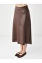 Brown Relaxed Fit Regular Waist Leather-Look Midi Skirt - 4