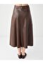 Brown Relaxed Fit Regular Waist Leather-Look Midi Skirt - 5