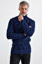 Men's Navy Blue Braided Diamond Patterned Full Fisherman Corded Thick Knitwear Sweater - 7