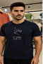 Men's Crew Neck Short Sleeve Text Print Navy Blue T-Shirt - 2