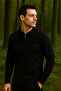Men's Striped Zippered Polo Neck Black Winter Sweater - 2