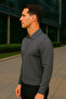Men's Striped Smoked Polo Neck Zippered Sweatshirt - 2