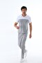 Men's Combination Gray Mercerized Fabric Polo Collar Shoulder Striped Short Sleeve T-Shirt, Gray Sweatpants Bottom Top Set - 4