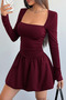 Square Neck Long Sleeve Burgundy Mini Dress with Side Gathered Balloon Skirt - 2