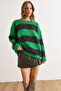 Women's Green Black Striped Soft Textured Thick Knit Sweater Kzk-19001039 - 3