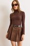 Women's Brown Belted Pleated Suede Shorts Mini Skirt Etk-19000362 - 2