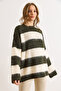 Women's Khaki White Striped Soft Textured Thick Knit Sweater Kzk-19001039 - 4