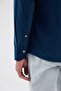 Velvet Collar Buttoned 100% Cotton Comfort Fit Petrol Men's Shirt - 8