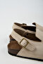 Lapaz Women's Vegan Leather Buckle Beige Sabo Slippers - 4