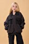 Girl's Shirt Collar Pocket Plush Winter Coat Anthracite