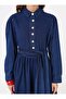 Balloon Skirt Belted Denim Hijab Dress - Dark Blue - - 6