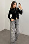 Black Polo Neck Zippered Gathered Bodycon Stretchy Knitted Blouse - 5
