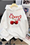 Cherry Printed Kangaroo Pocket Hooded White Color Unisex Sweatshirt