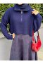 Collar Zippered Crop Knitwear Sweater Navy Blue - 3