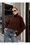 Turtleneck Corded Fabric Knitwear Oversized Sleeve Curled Detail Brown Crop Sweater
